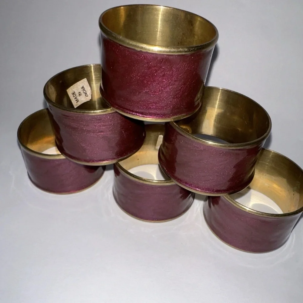 Set of 6 Vintage Purple Enameled Cloisonne Brass Napkin Rings 1980s Maximalist